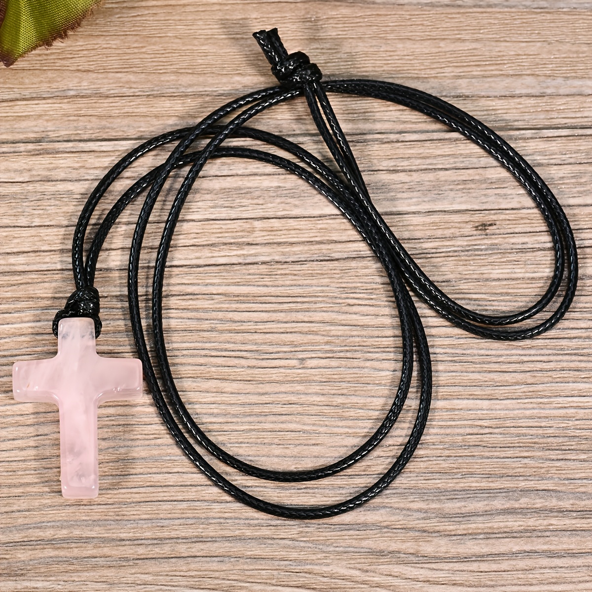 Rose Quartz Cross Pendant Necklace, Retro Style